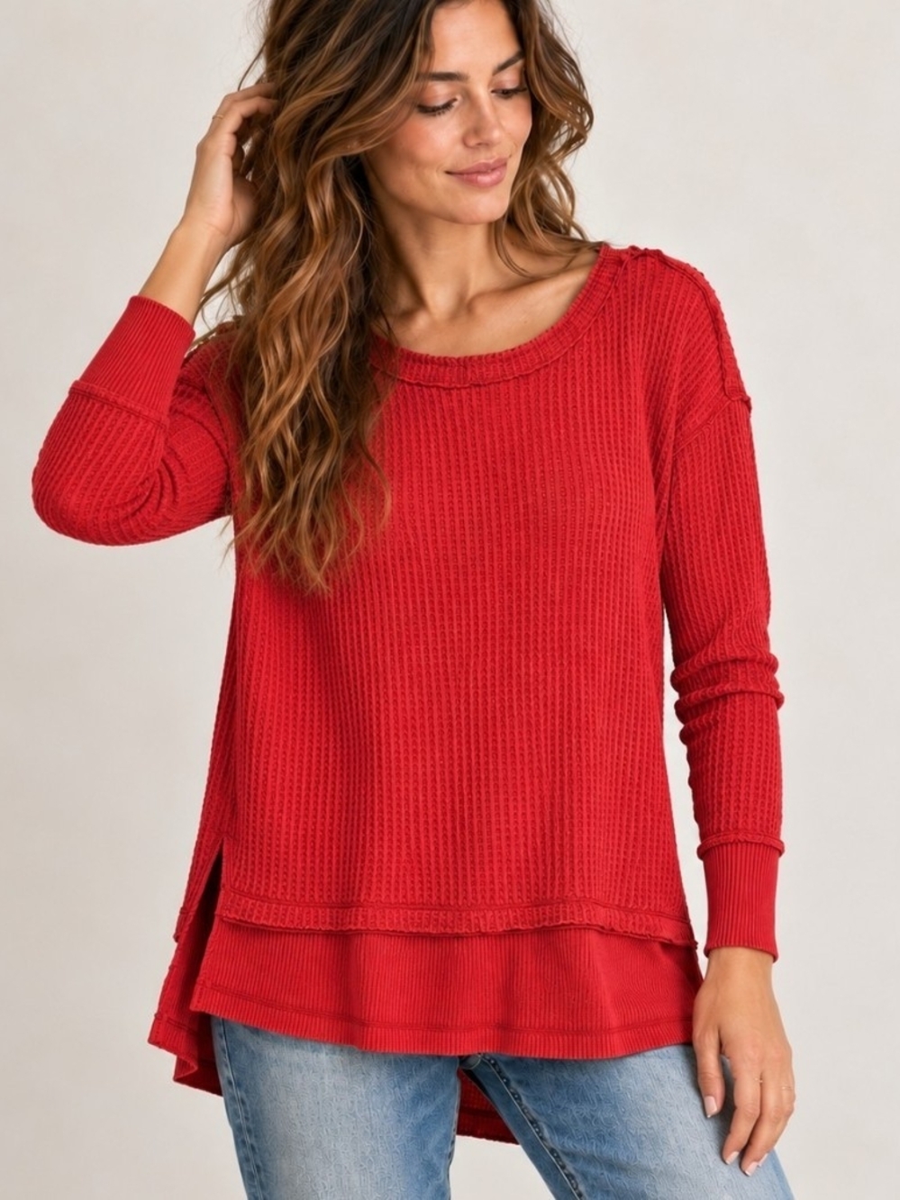 Free People We The Free North Shore Thermal Tunic XS Red Waffle Knit Boho Top